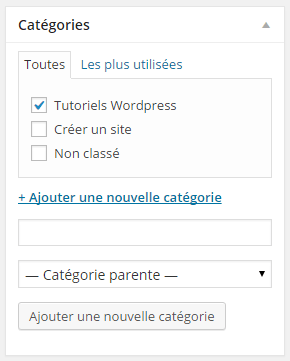 bloc catégorie créer article wordpress /></center></p>
<hr />
Vous avez ici la possibilité d'ajouter de nouvelles catégories et de choisir dans quelle catégorie votre article sera classé.</p>
<p>L'autre nouveau bloc est celui du choix des <strong>mots-clés</strong>. Vous avez la possibilité d'ajouter des mots-clés pour classer votre article, un peu comme les catégories :</p>
<hr />
<center><img class=