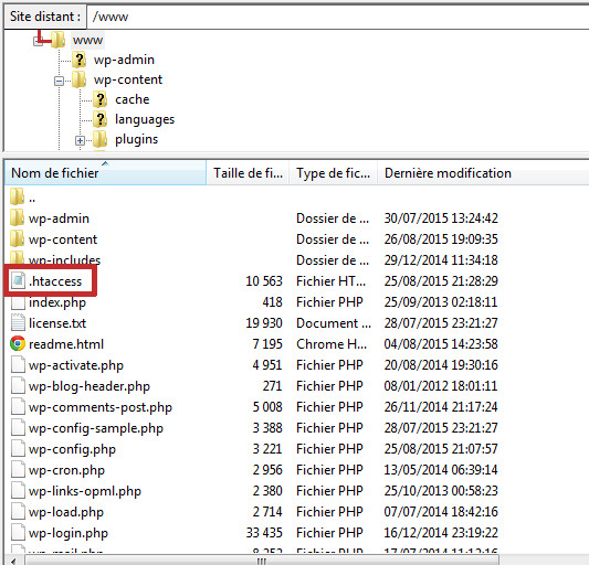 fichier htaccess filezilla racine