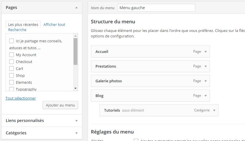 sous menu administration wordpress