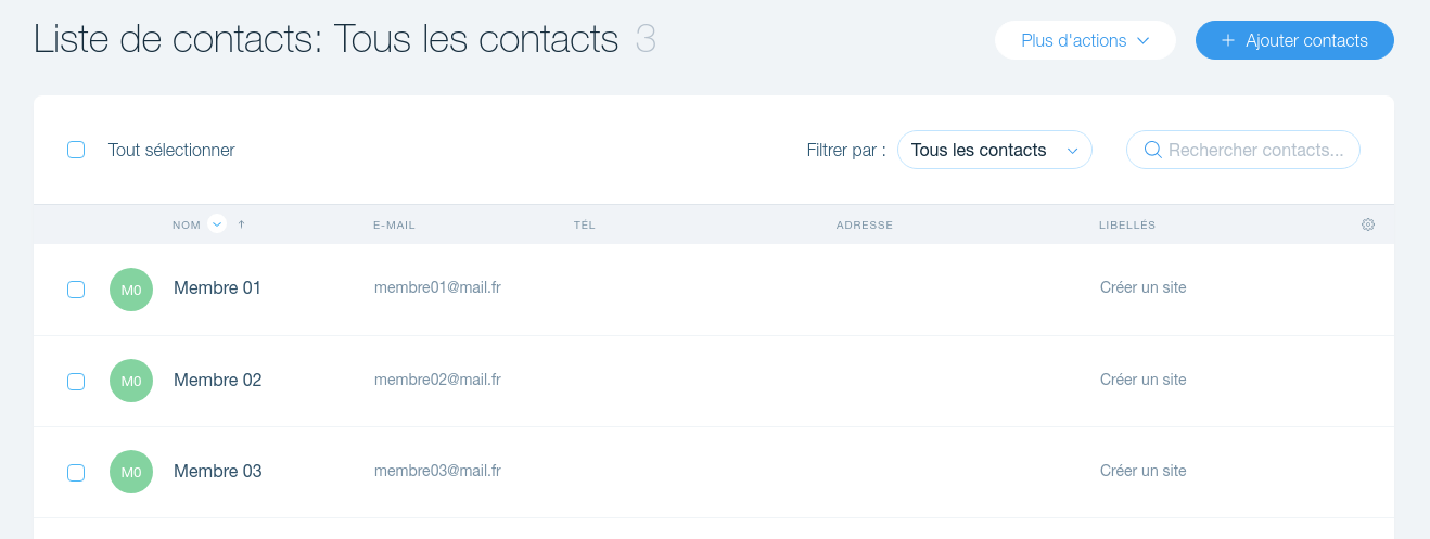 Dans Wix, liste des contacts enregistrés dans la zone membres du site web