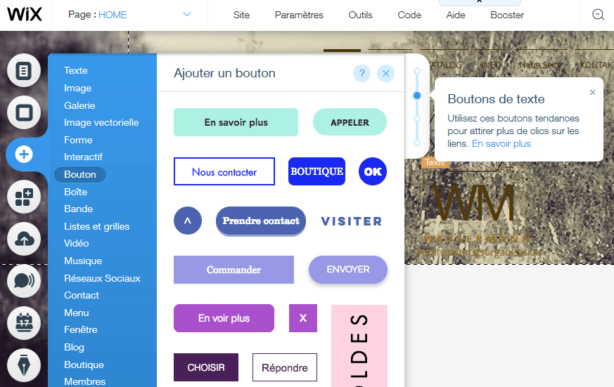 Ajouter un bouton sur sa page web avec Wix