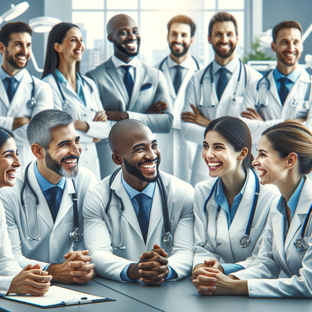 Image de médecins souriants dans un cabinet moderne.