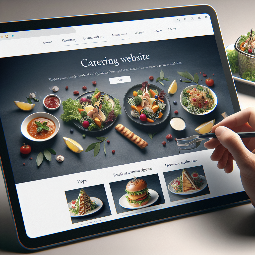 Capture d'écran du site web d'un traiteur avec une mise en page élégante et des photos de plats appétissants.