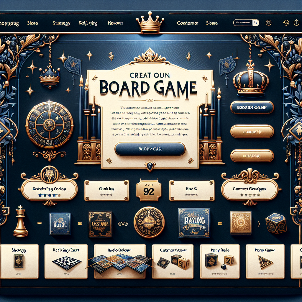 Capture d'écran d'une boutique en ligne de jeux de société avec un design royal.