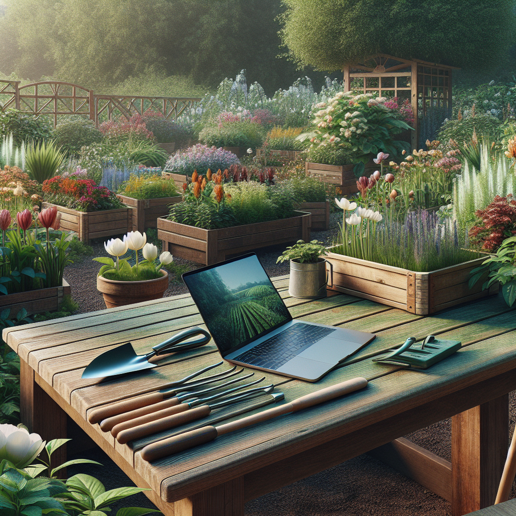 Un jardin bien entretenu avec des outils de jardinage et un ordinateur portable sur une table en bois.