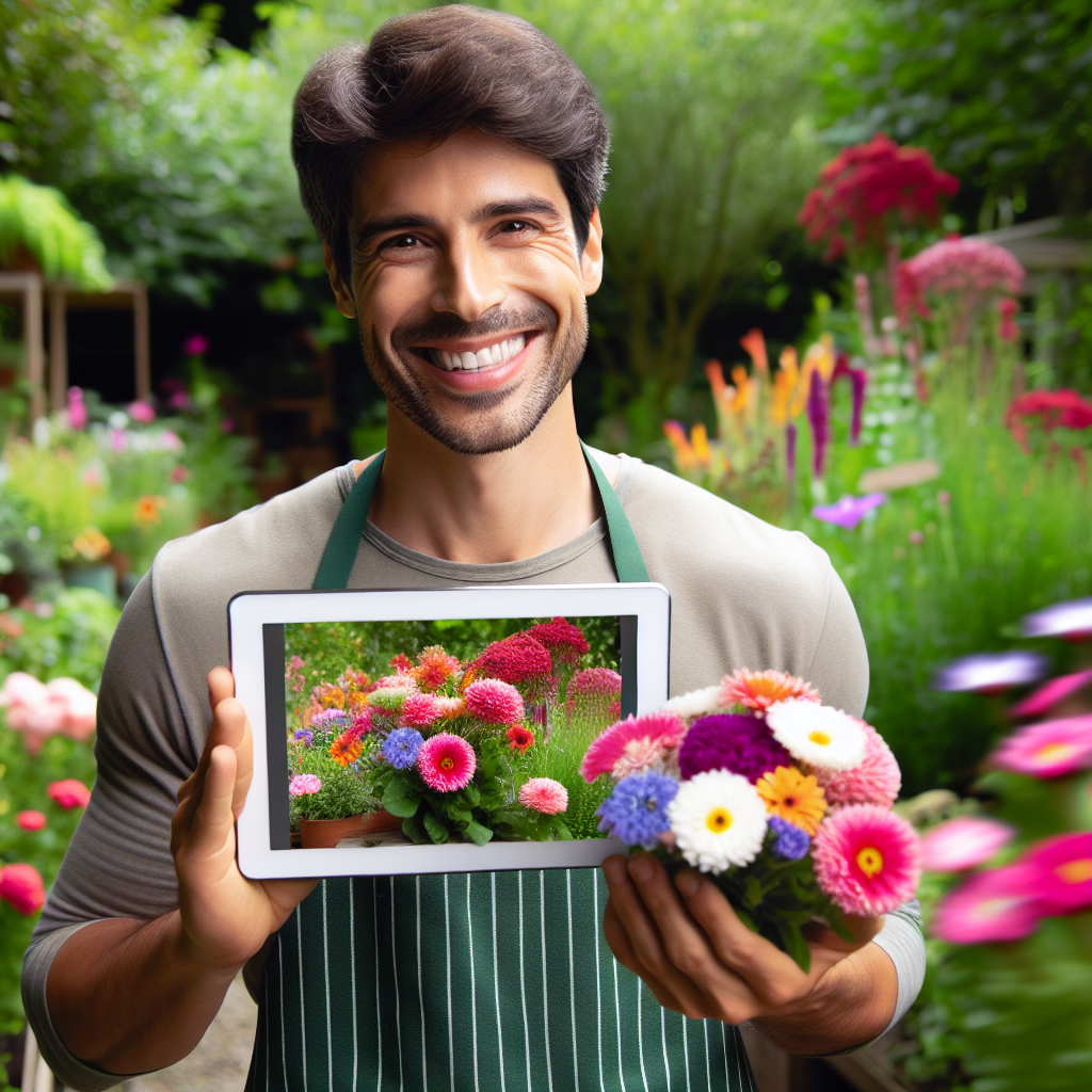 Un jardinier souriant montrant son site web sur une tablette.