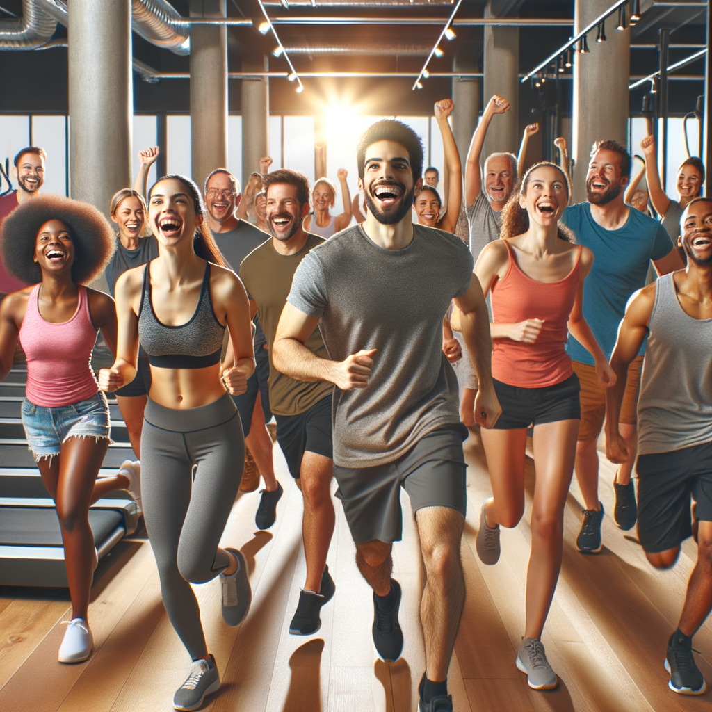 Un groupe de personnes enthousiastes entrant dans une salle de sport moderne.