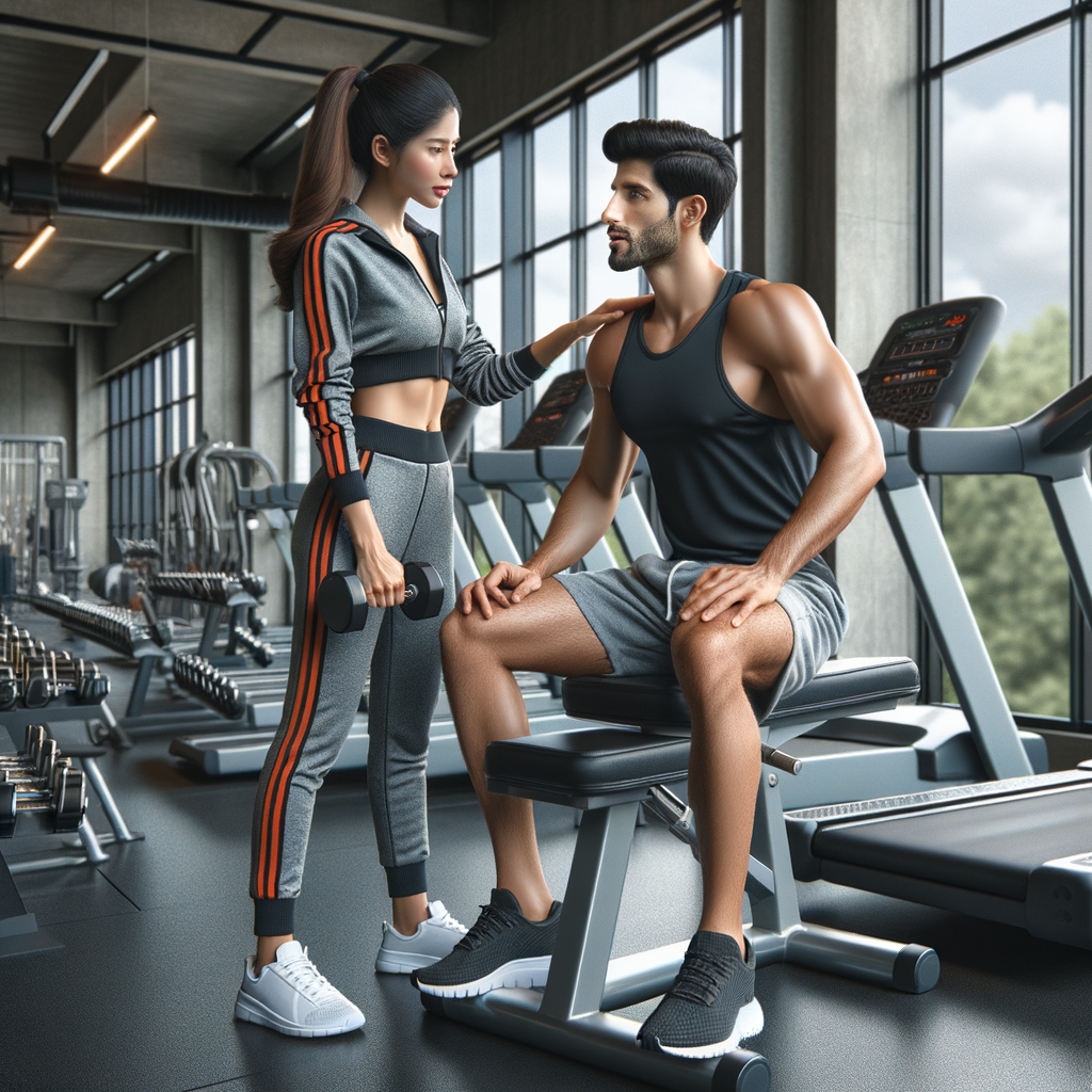 Un coach sportif aidant un membre régulier dans une salle de sport.