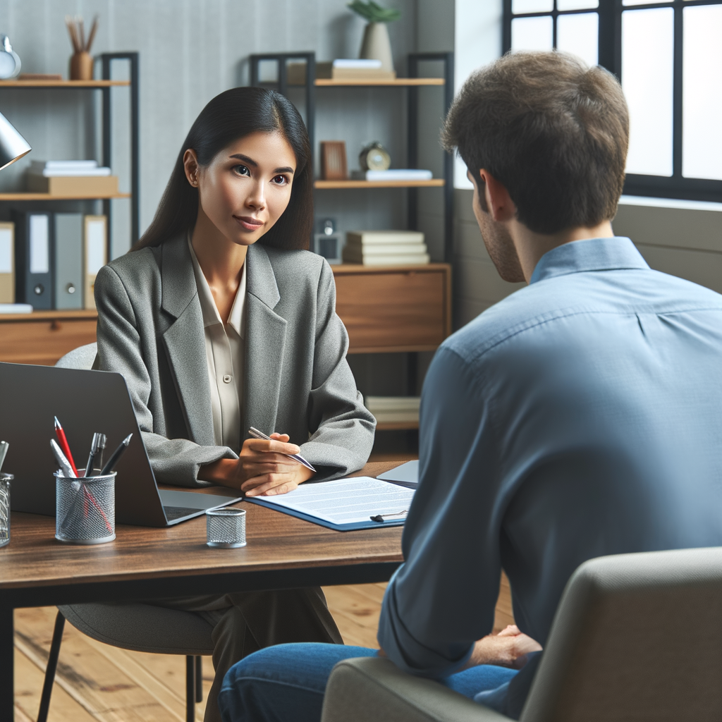 Un psychologue en consultation avec un patient, avec un ordinateur portable sur le bureau.