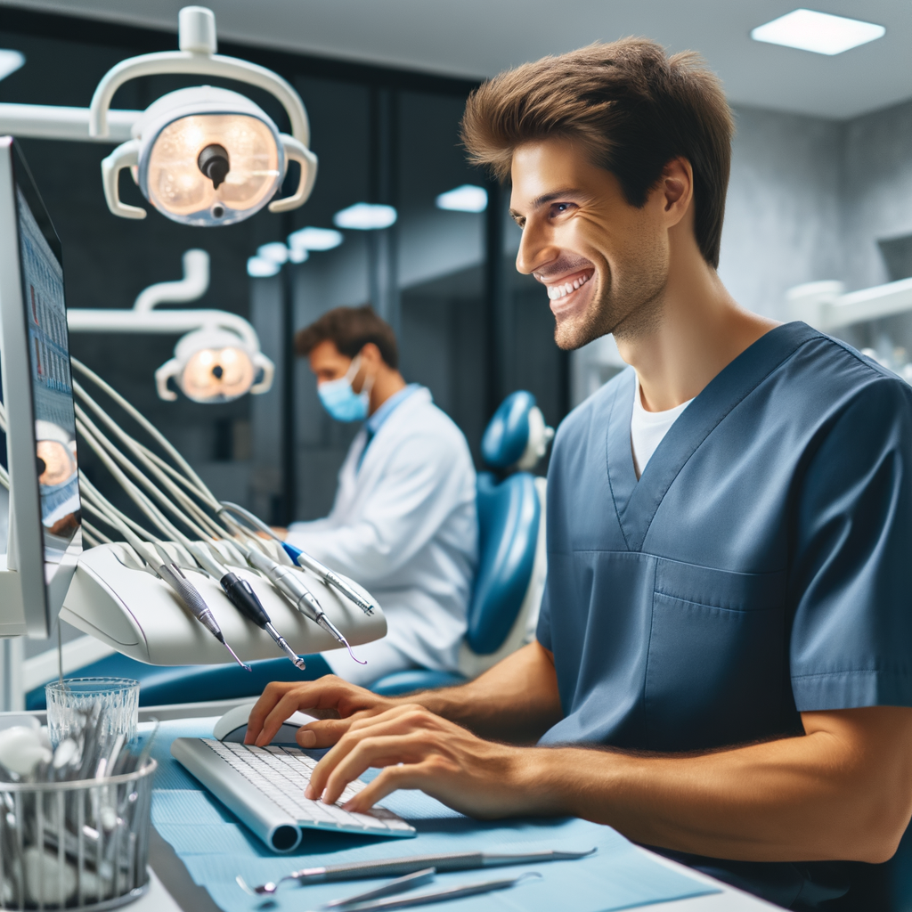 Un dentiste souriant utilisant un ordinateur dans son cabinet.