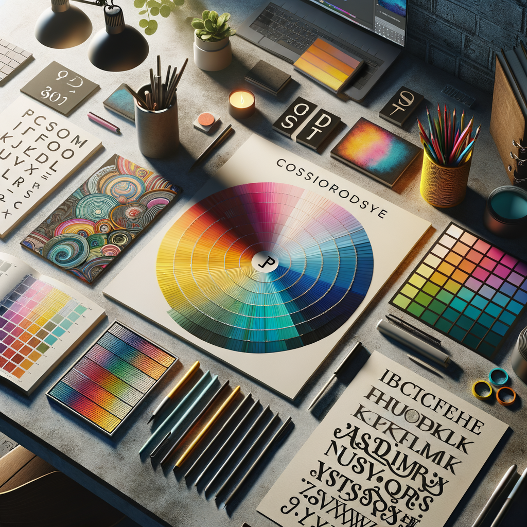 Image de palettes de couleurs et d'échantillons de typographies sur un bureau.