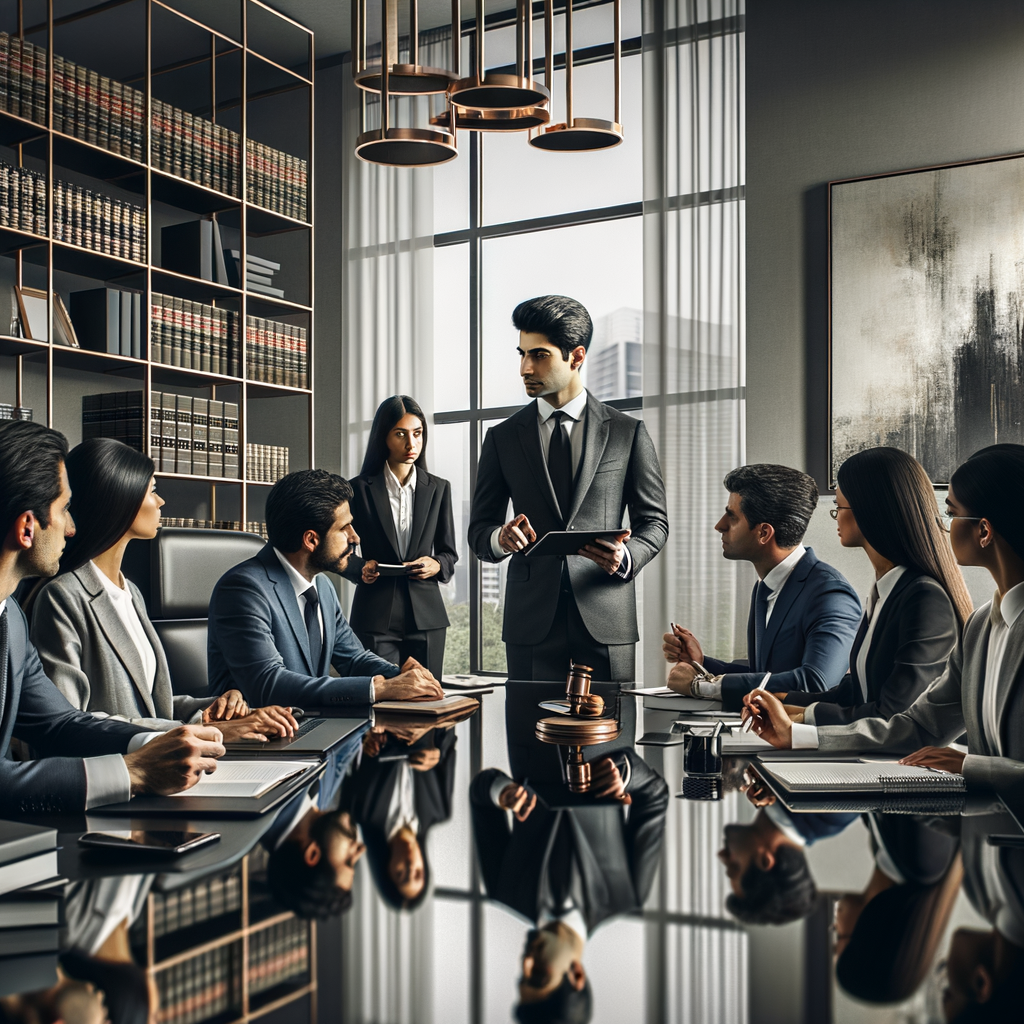 Image d'un cabinet d'avocats moderne avec des avocats en réunion.