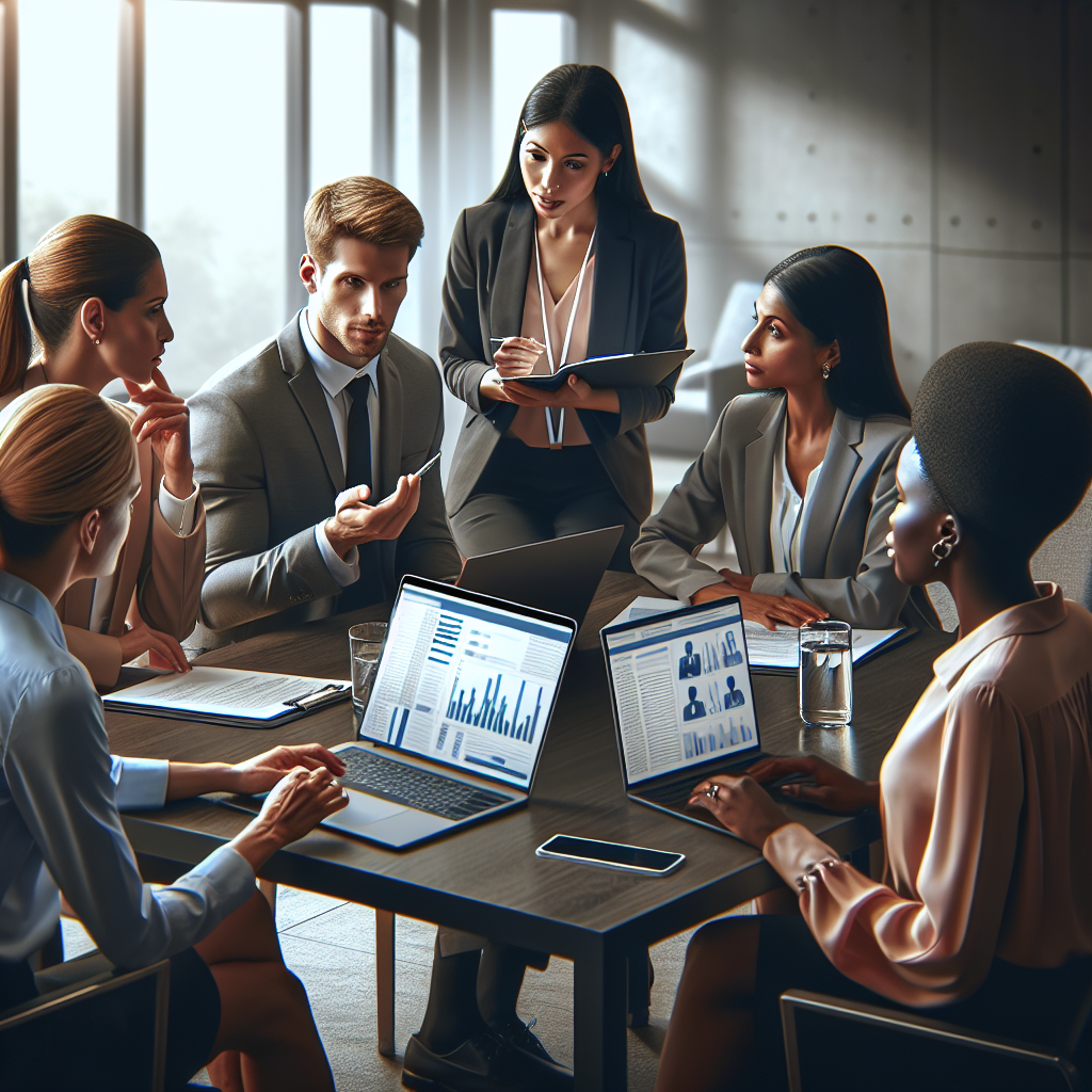 Des recruteurs en réunion, discutant autour d'une table avec des ordinateurs portables.