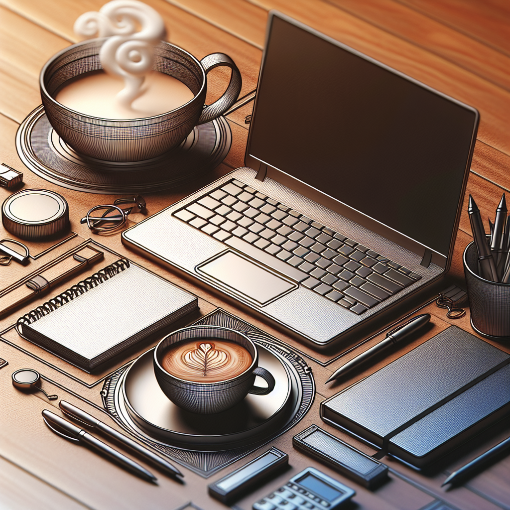 Un bureau avec un ordinateur portable, un carnet de notes et une tasse de café.