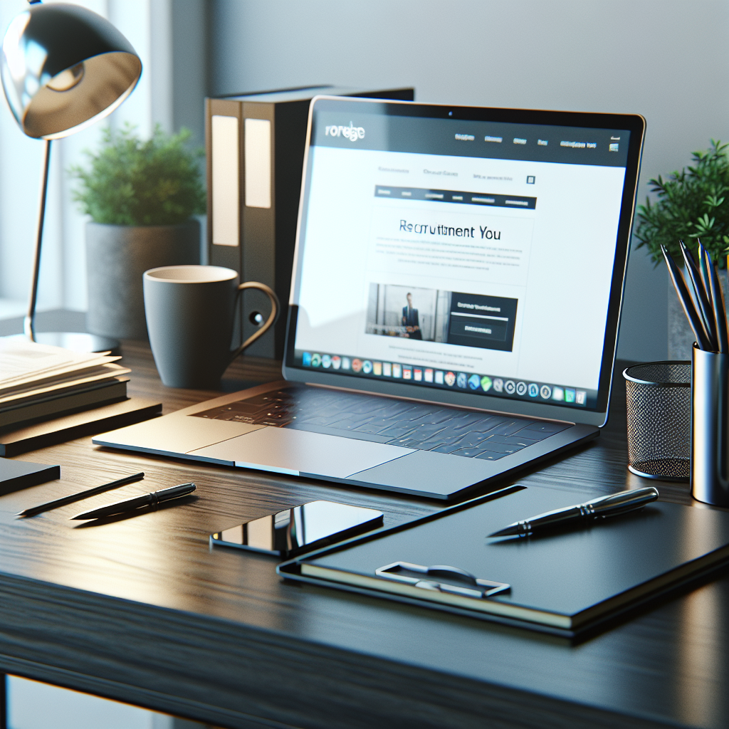 Un bureau moderne avec un ordinateur portable affichant un site web de recrutement.