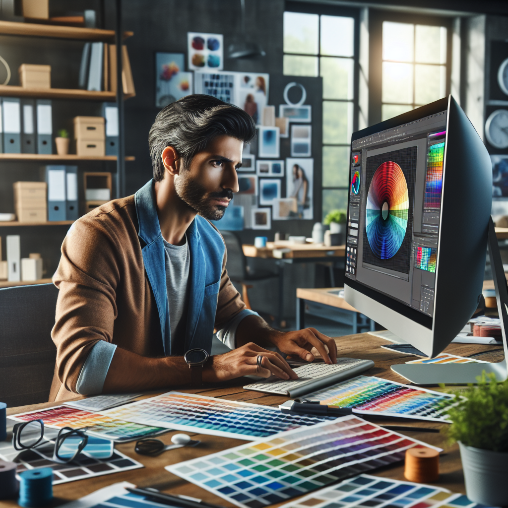 Un designer travaillant sur un ordinateur avec des échantillons de couleurs.