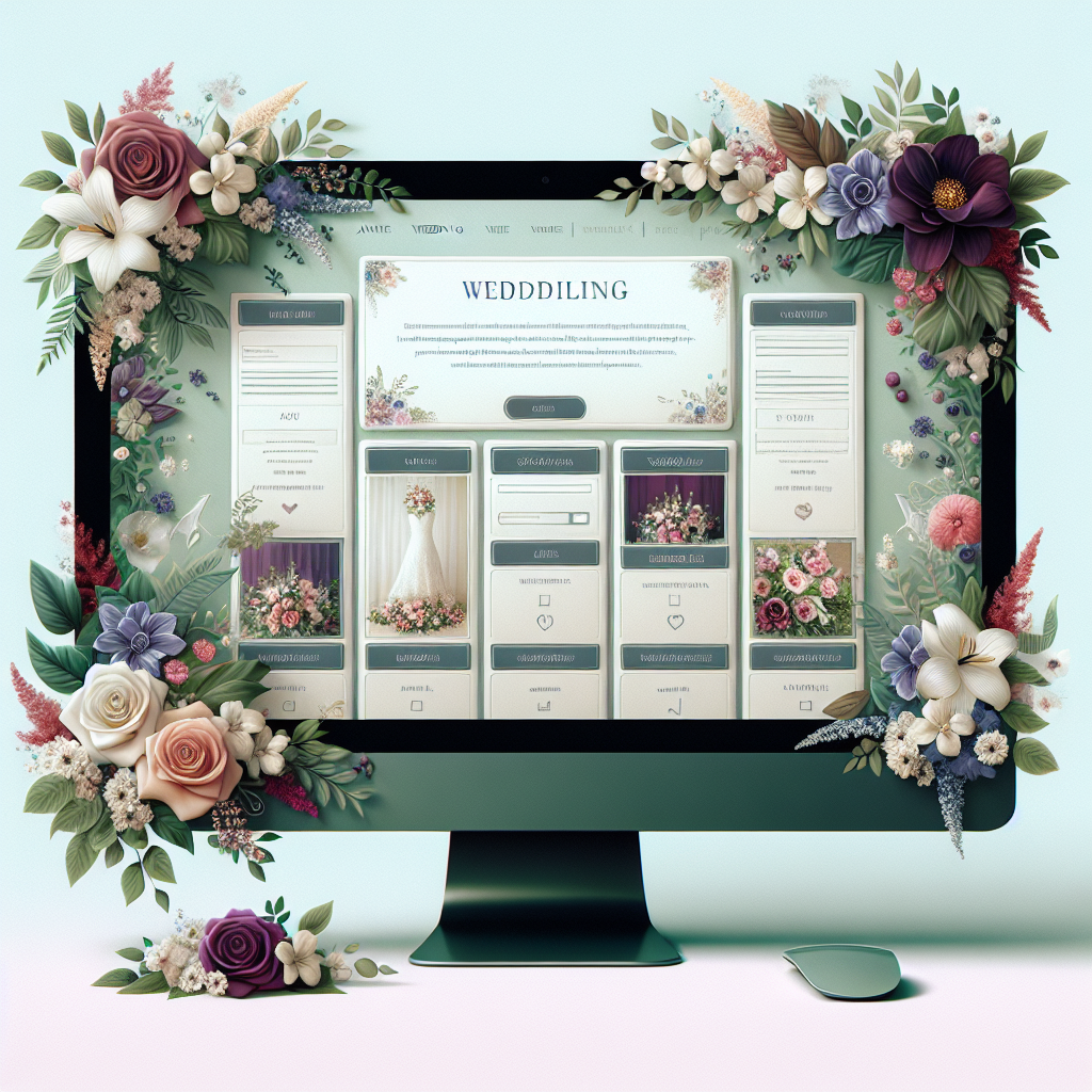 Un écran d'ordinateur affichant un site web de mariage élégant avec des éléments de design floral.