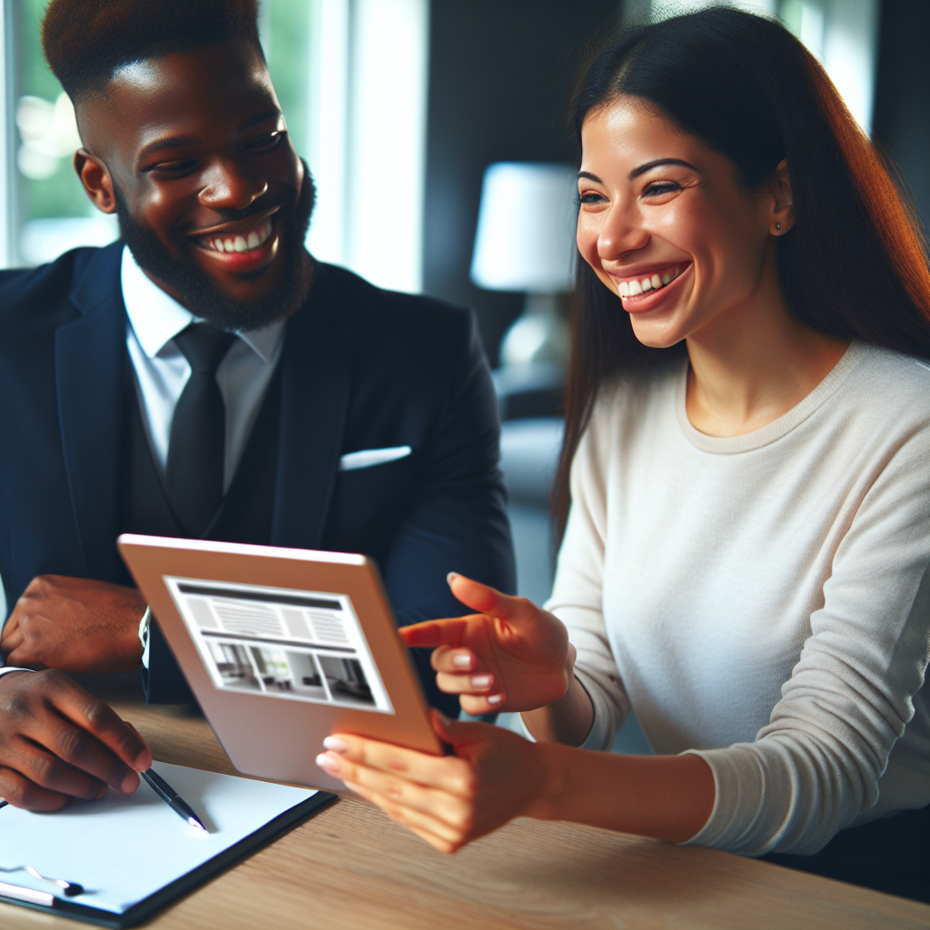 Un entrepreneur souriant montrant un site web sur une tablette à un client potentiel.