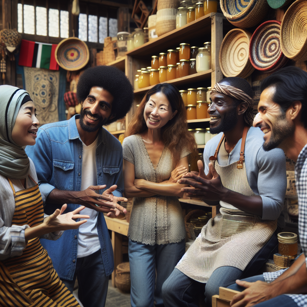 Un groupe diversifié de personnes discutant dans une boutique de produits locaux.