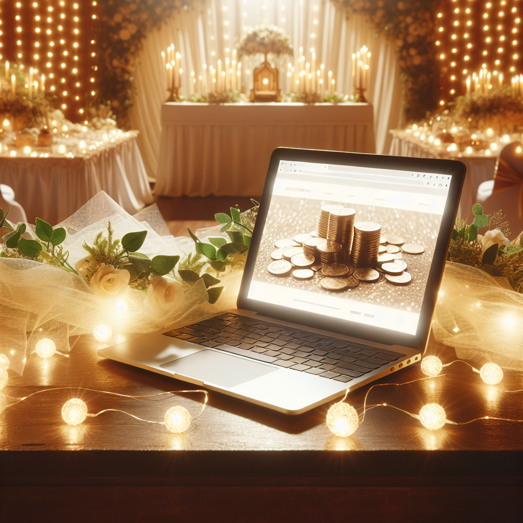 Un ordinateur portable ouvert sur une table avec des décorations de mariage en arrière-plan.