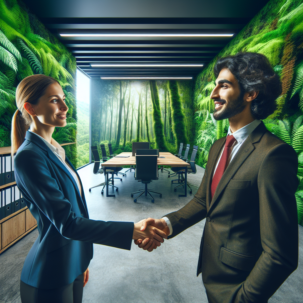 Deux personnes serrant la main dans un environnement de bureau écologique.