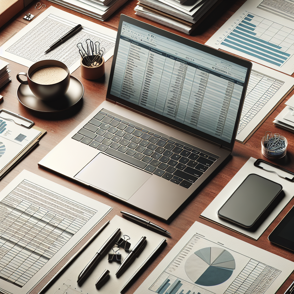 Un bureau avec des documents et un ordinateur portable, symbolisant l'organisation des informations.