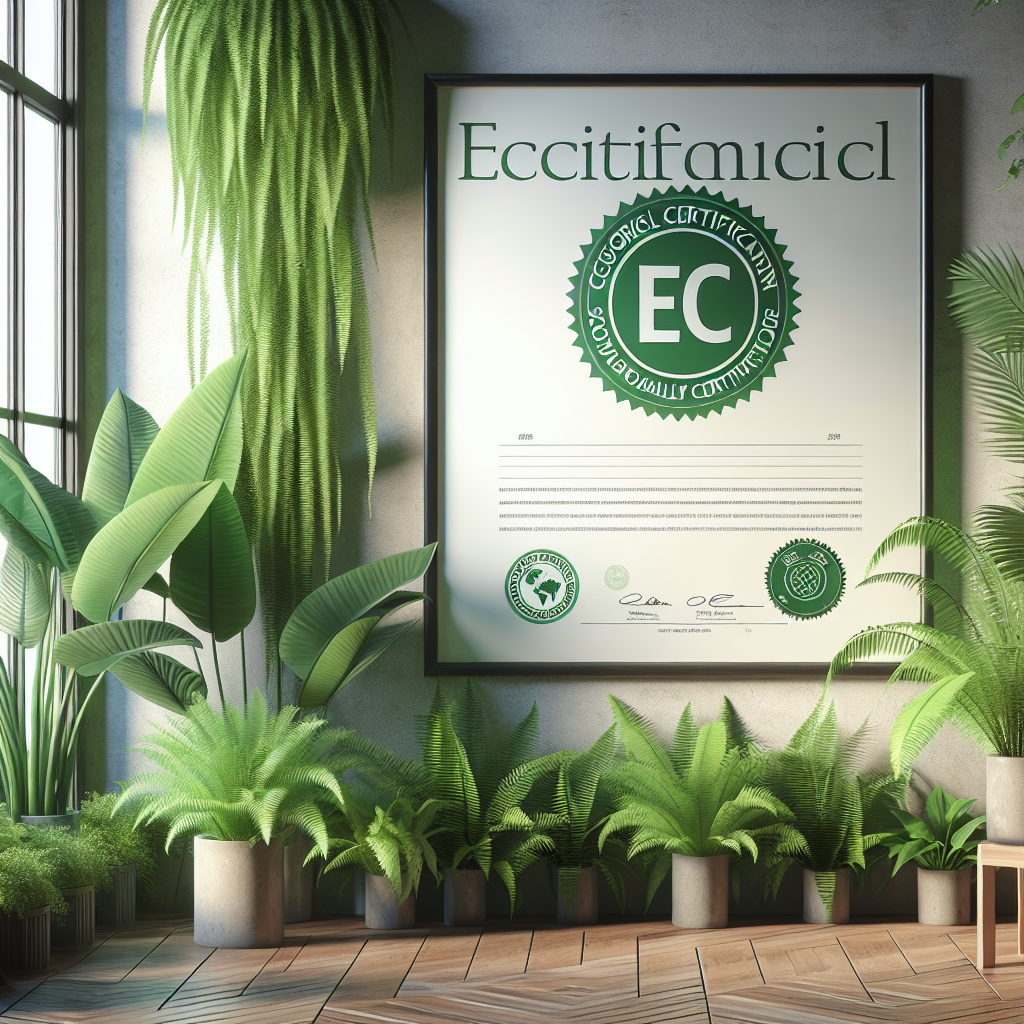 Un certificat écologique affiché sur un mur avec des plantes en arrière-plan.