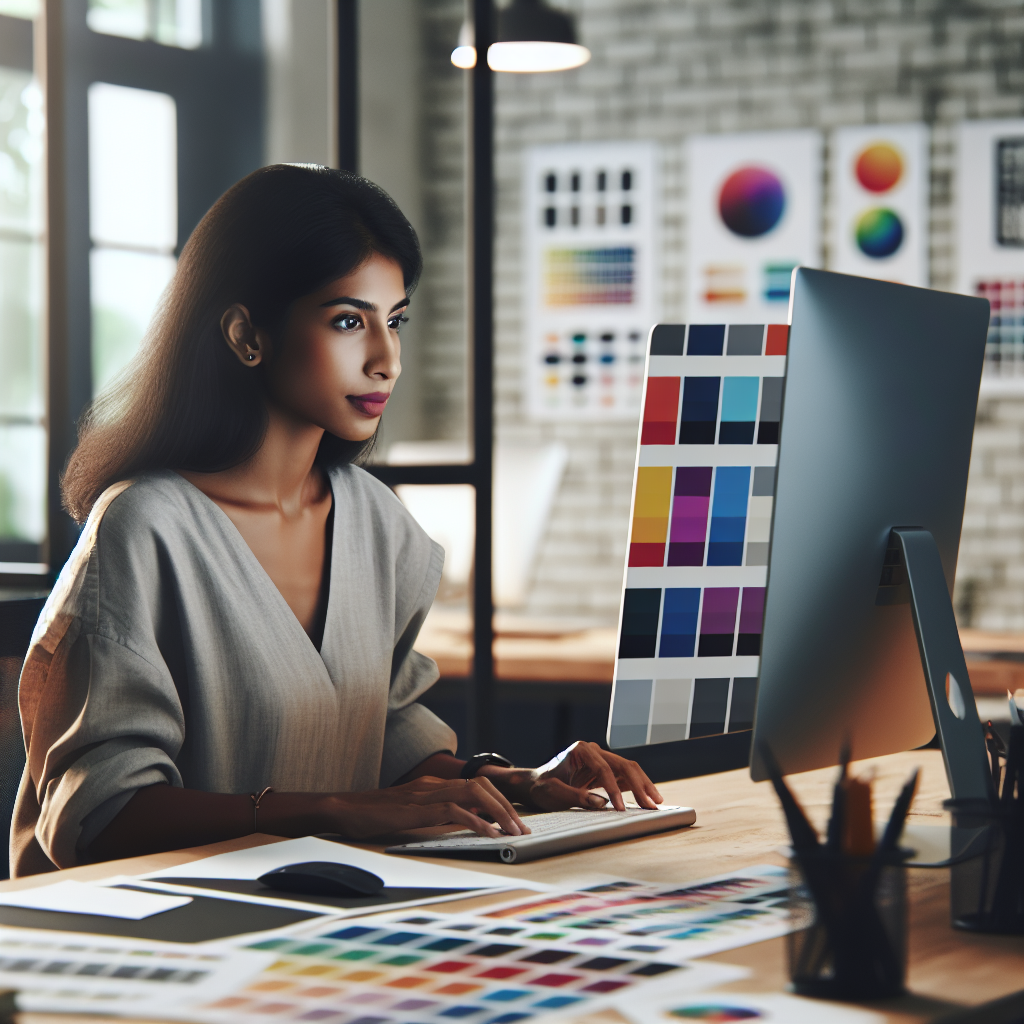 Un designer travaillant sur un ordinateur avec des échantillons de couleurs et de polices.