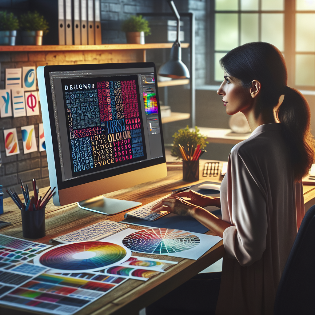 Un designer travaillant sur un ordinateur avec des échantillons de couleurs et de polices.