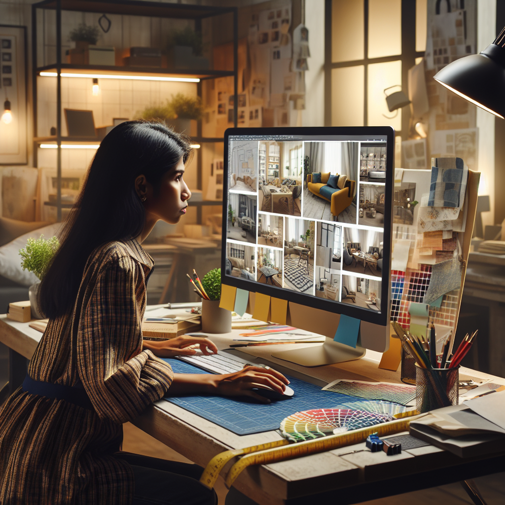 Un designer travaillant sur un ordinateur avec des images de décoration intérieure affichées à l'écran.