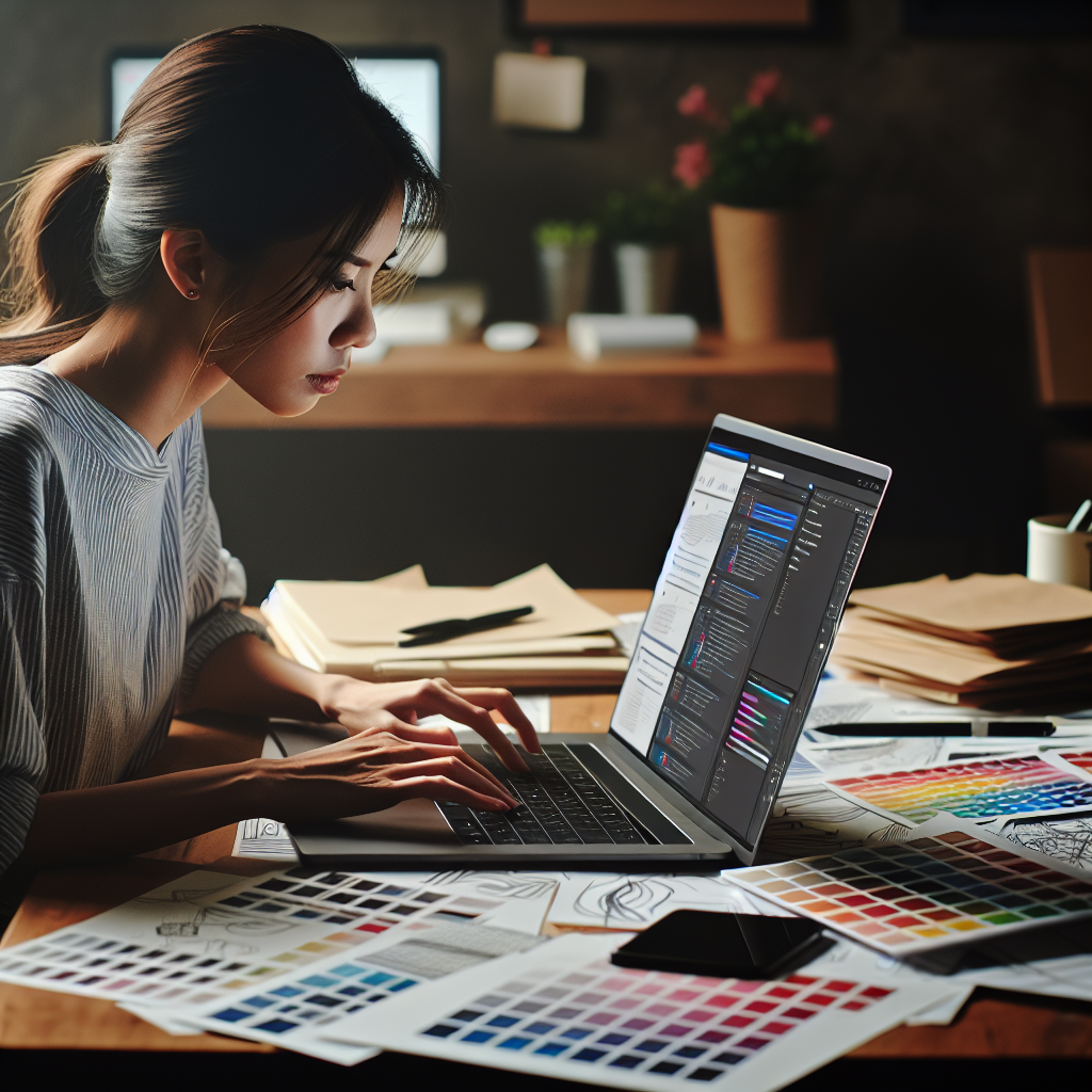 Un designer web travaillant sur un ordinateur portable avec des échantillons de couleurs et des croquis de design.