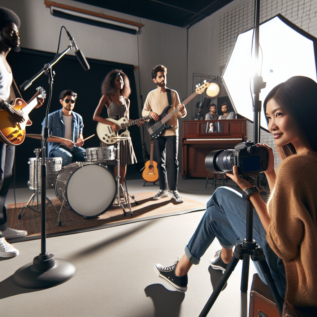 Un photographe prenant des photos d'un groupe de musique en studio.