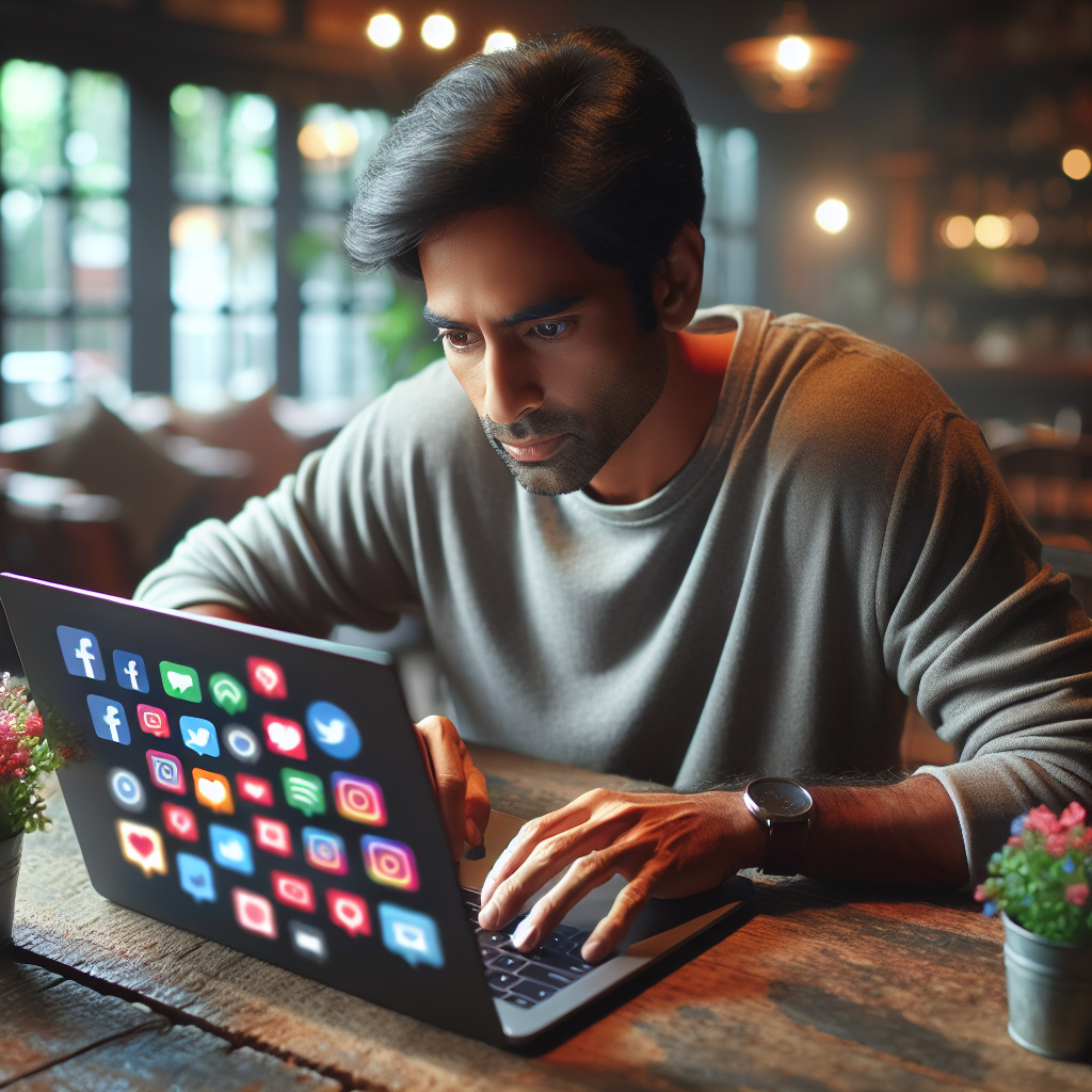 Une personne utilisant un ordinateur portable pour gérer les réseaux sociaux.