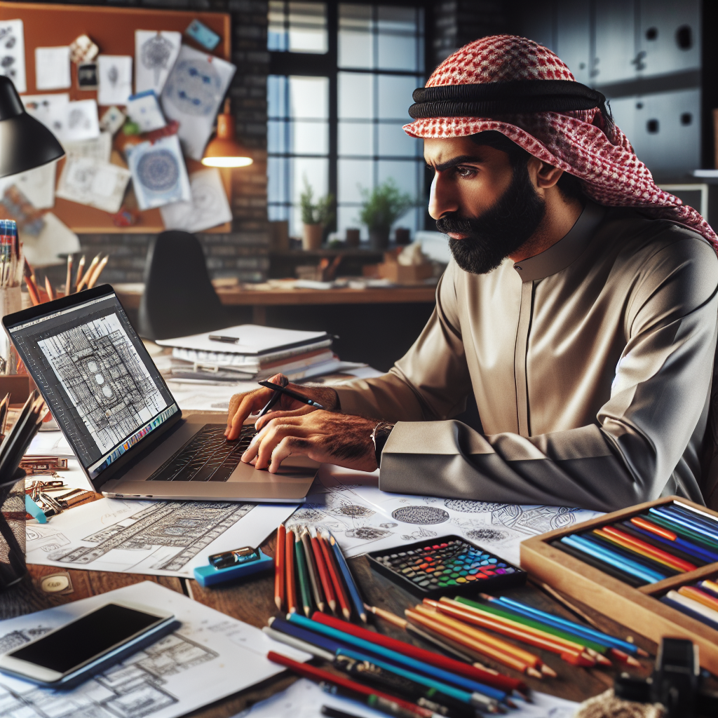 Un designer travaillant sur un ordinateur portable avec des croquis de design.