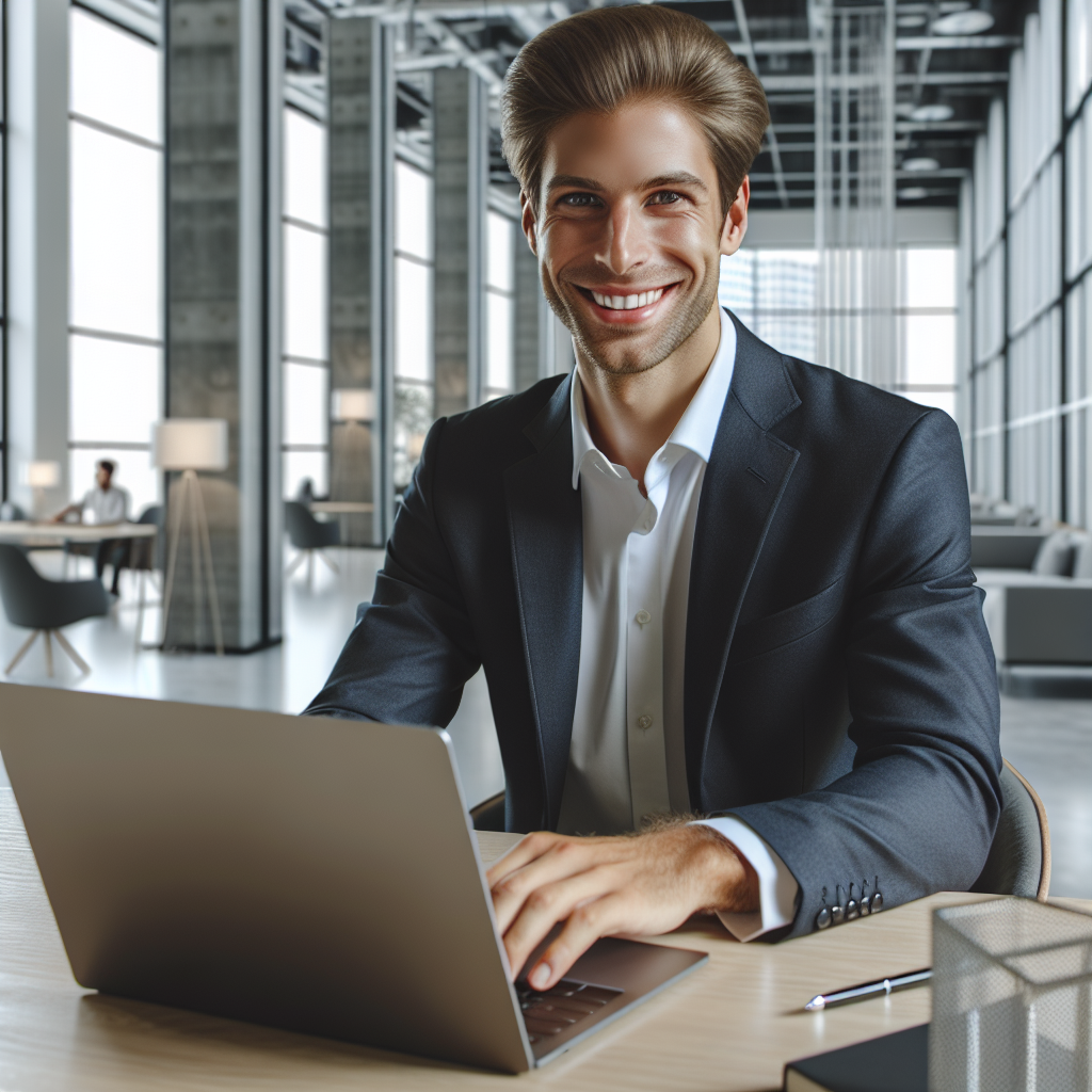 Un entrepreneur souriant utilisant un ordinateur portable dans un environnement de bureau moderne.