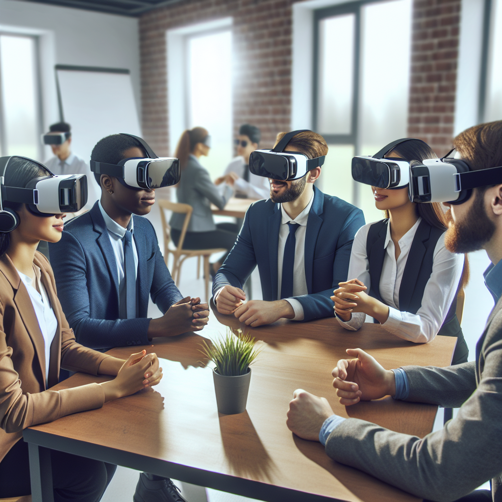 Un groupe de professionnels discutant autour d'une table avec des casques de réalité virtuelle.