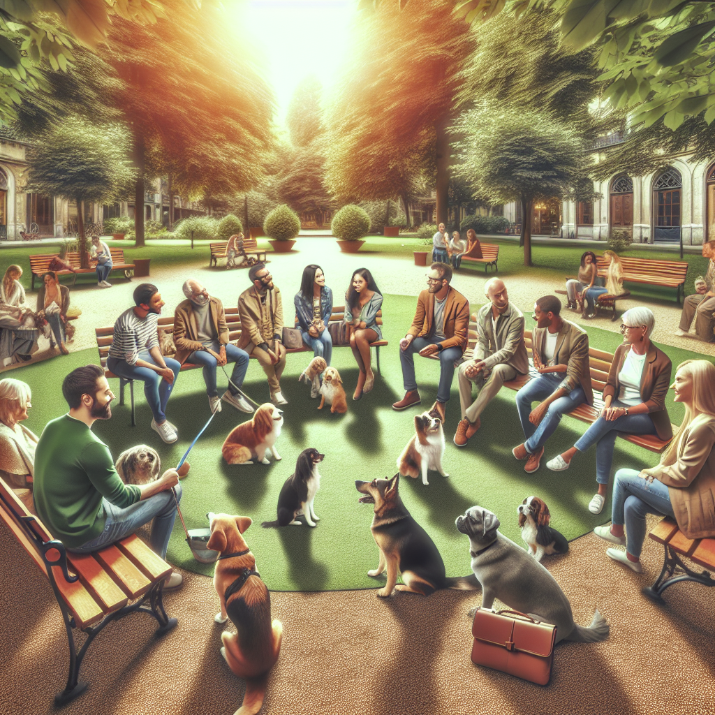 Un groupe de propriétaires d'animaux discutant ensemble dans un parc.