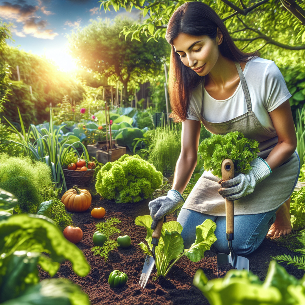 Un jardinier travaillant dans un jardin biologique luxuriant.