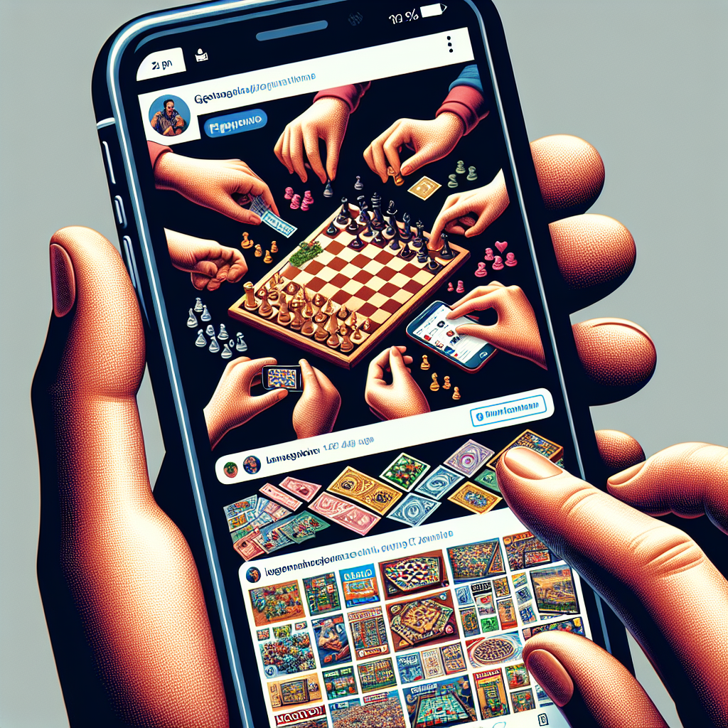 Un smartphone affichant une application de réseau social avec des images de jeux de société.