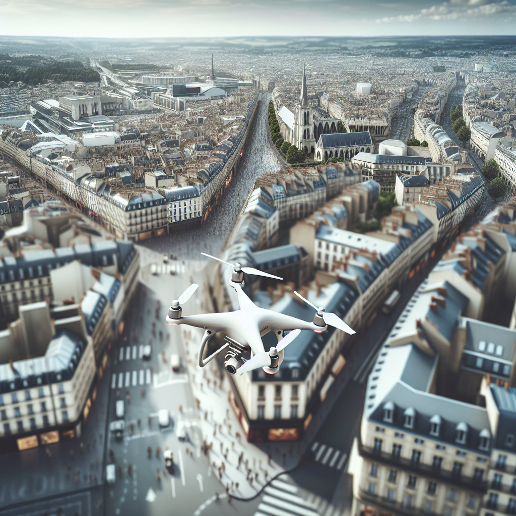 Une image d'un drone survolant un paysage urbain.