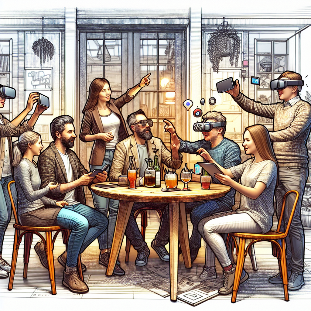 Groupe de personnes discutant autour d'une table avec des appareils de réalité augmentée.