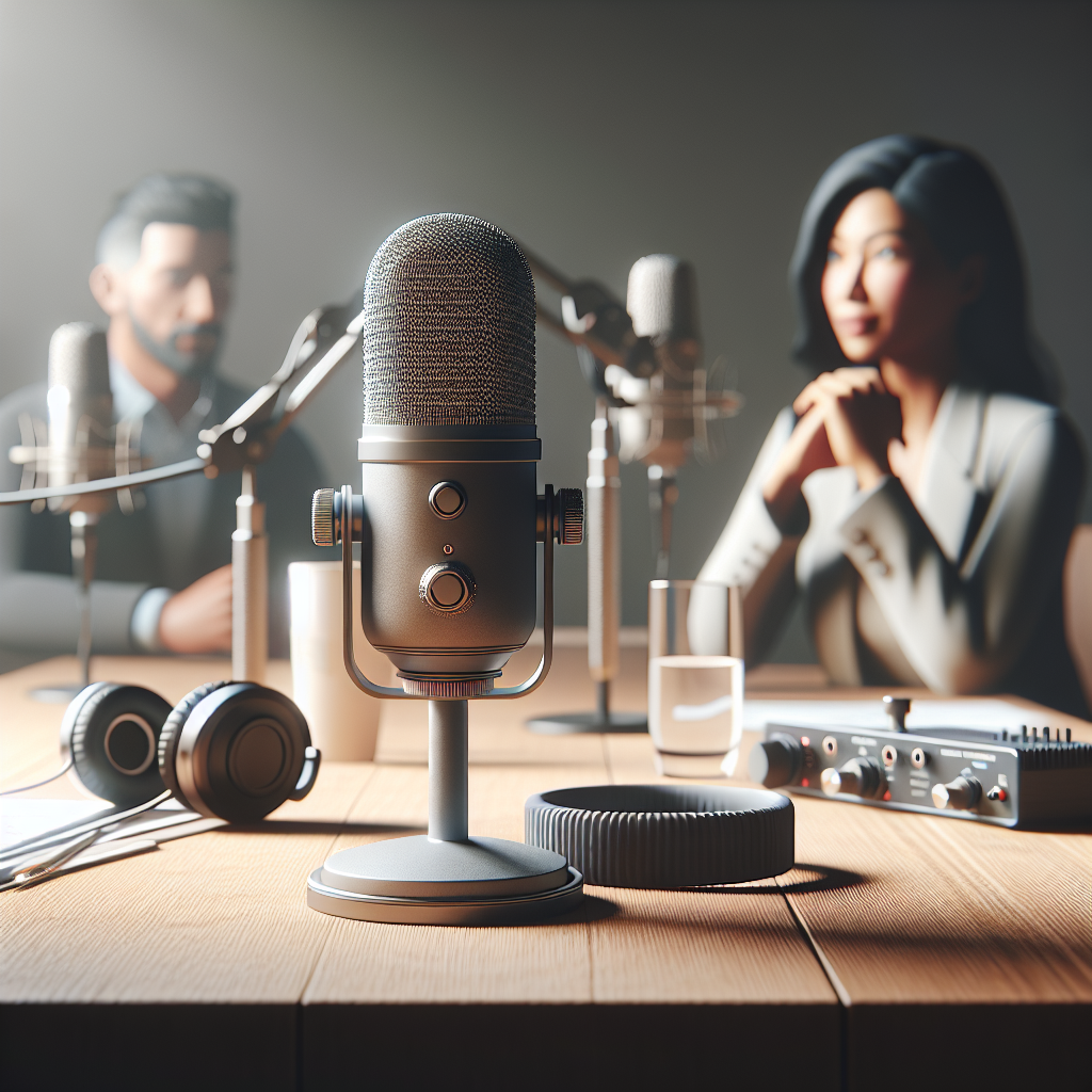 Un microphone moderne sur un bureau, symbolisant le podcasting.