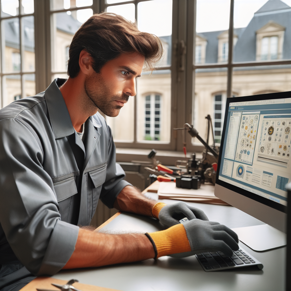 Un technicien travaillant sur un ordinateur avec des outils de maintenance affichés à l'écran.