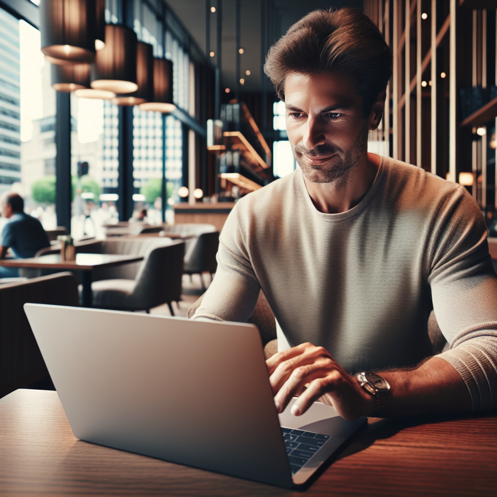 Une personne utilisant un ordinateur portable dans un café moderne.