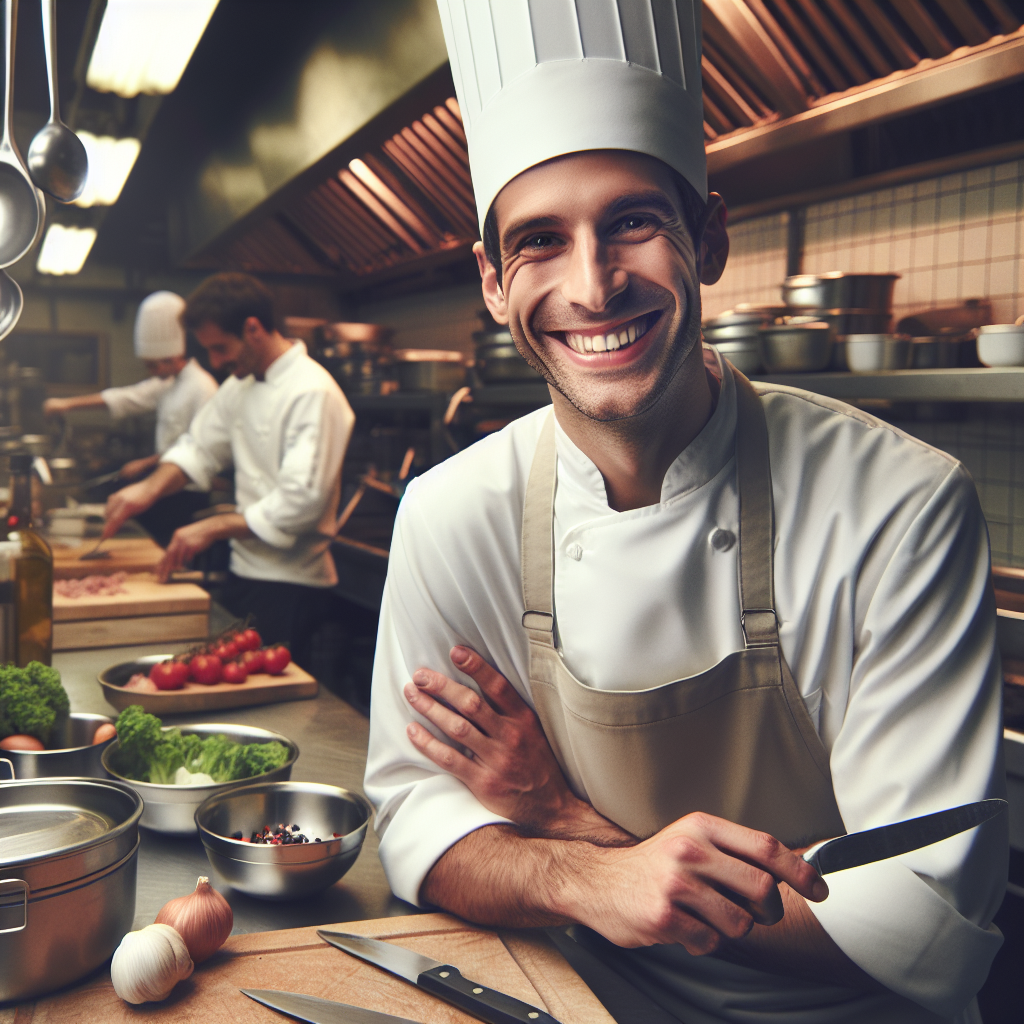 Un chef cuisinier souriant dans une cuisine professionnelle.