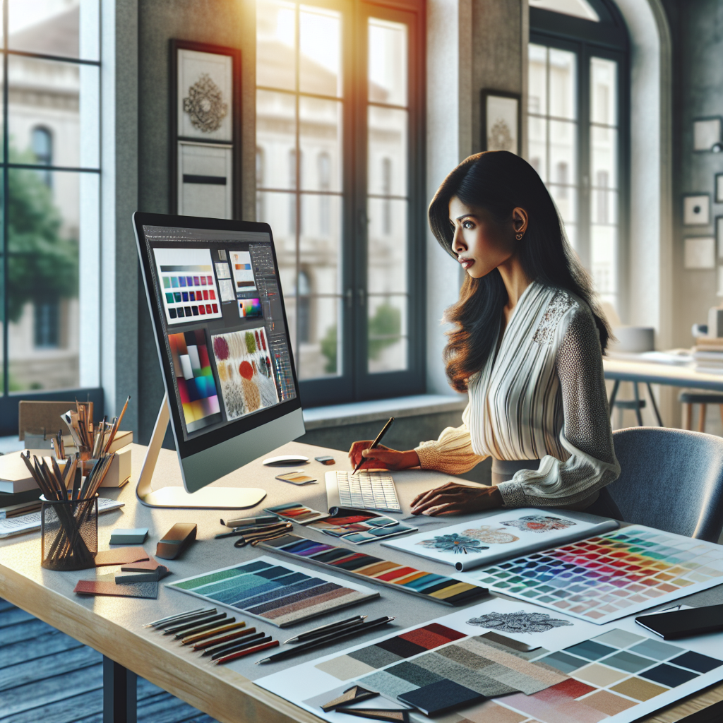 Un designer travaillant sur un ordinateur avec des échantillons de couleurs et de design sur la table.