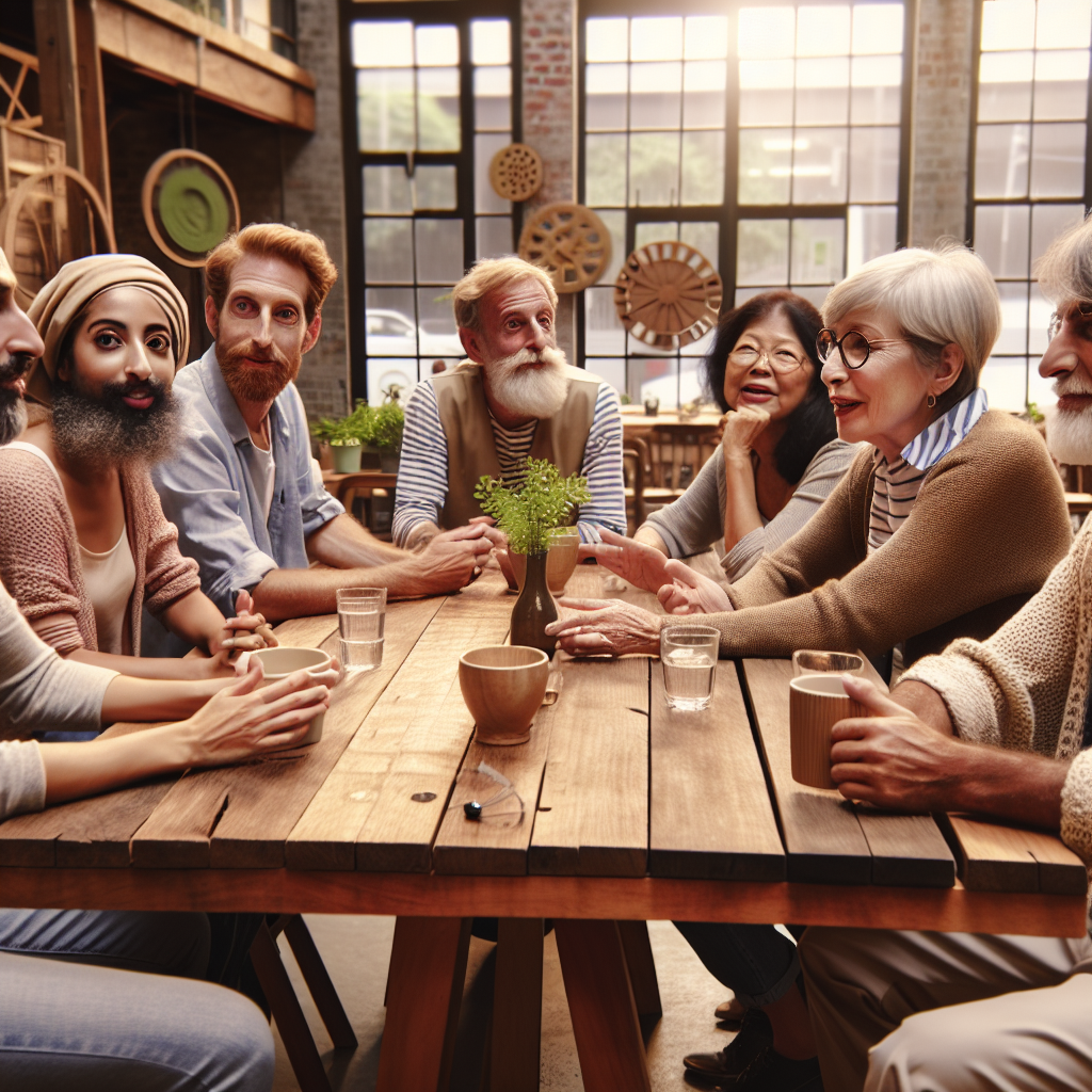 Un groupe diversifié de personnes discutant autour d'une table en bois sur mesure.