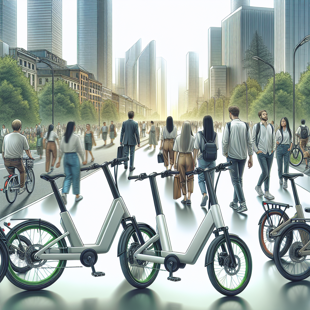 Un paysage urbain avec des vélos électriques en avant-plan.