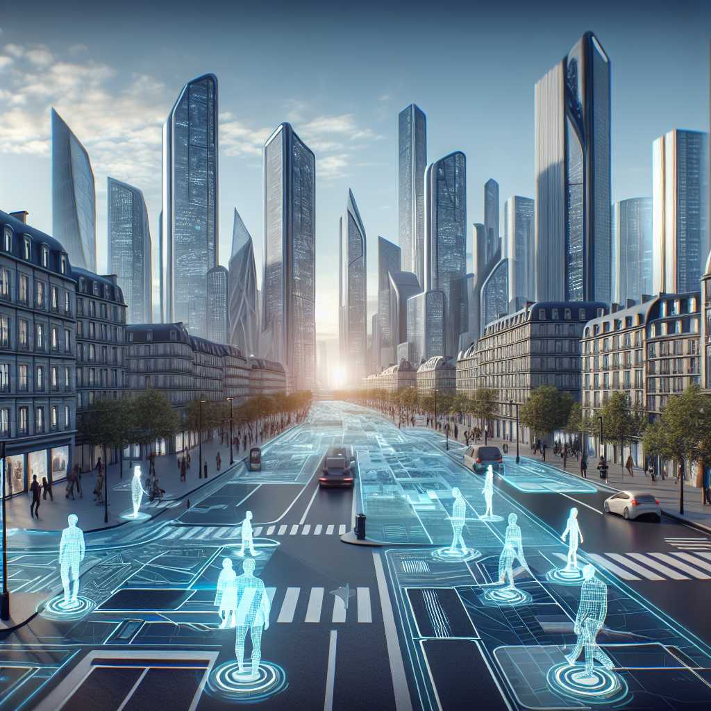 Un paysage urbain futuriste avec des éléments de réalité augmentée intégrés.