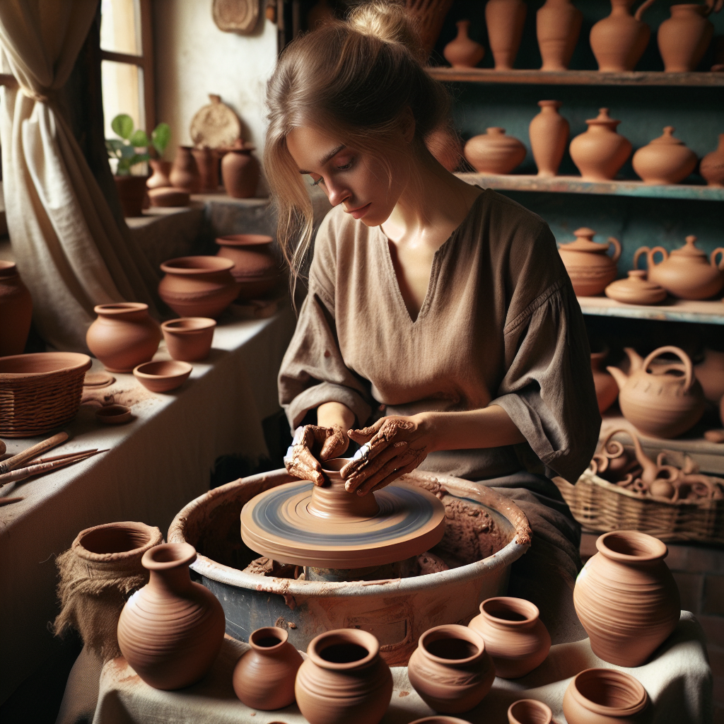 Une potière travaillant dans son atelier, entourée de ses créations.